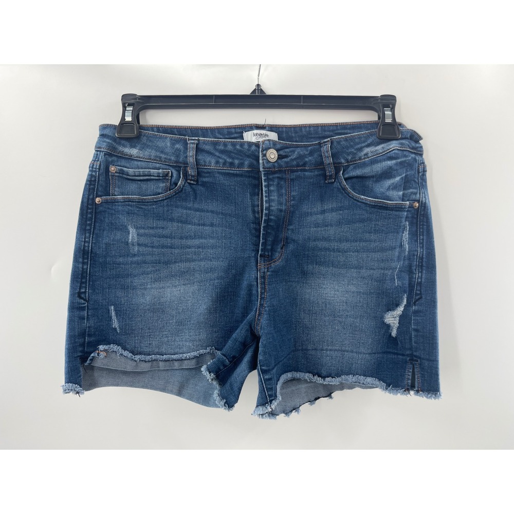 Kensie Jeans Womens Medium Wash Distressed Raw Hem Denim Shorts‎ Size 10 30